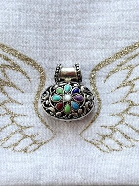 Sterling Silver Multicolor Floral Oval Pendant - Women Jewelry Reversible